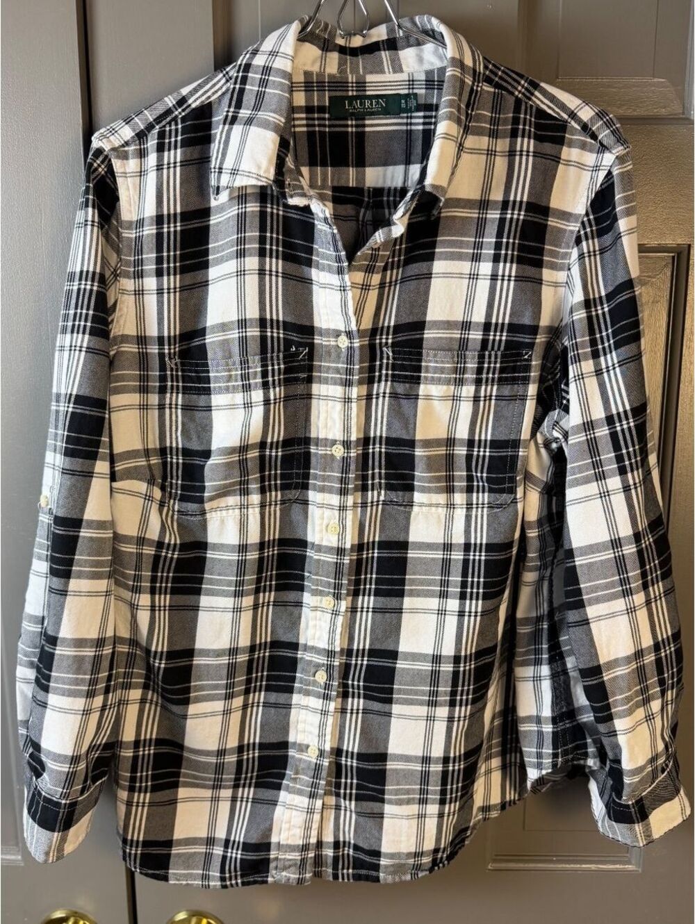 Lauren Ralph Lauren Black & White Plaid Button Down Shirt with Chest Pockets Sz.